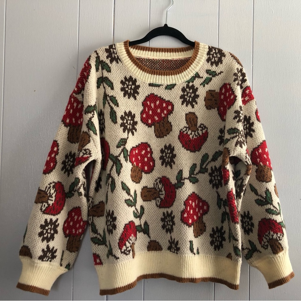 Oversized Cozy Mushroom Pattern Sweater - Cream and Red Size M/L/XL